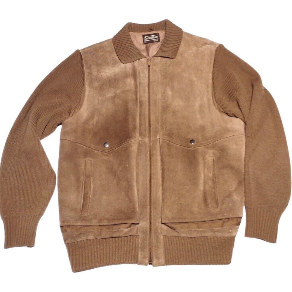Vintage 60-70's SEARS Sportswear Leather Suede Knit Sweater Bomber Jacket XL Tan - Picture 3 of 15